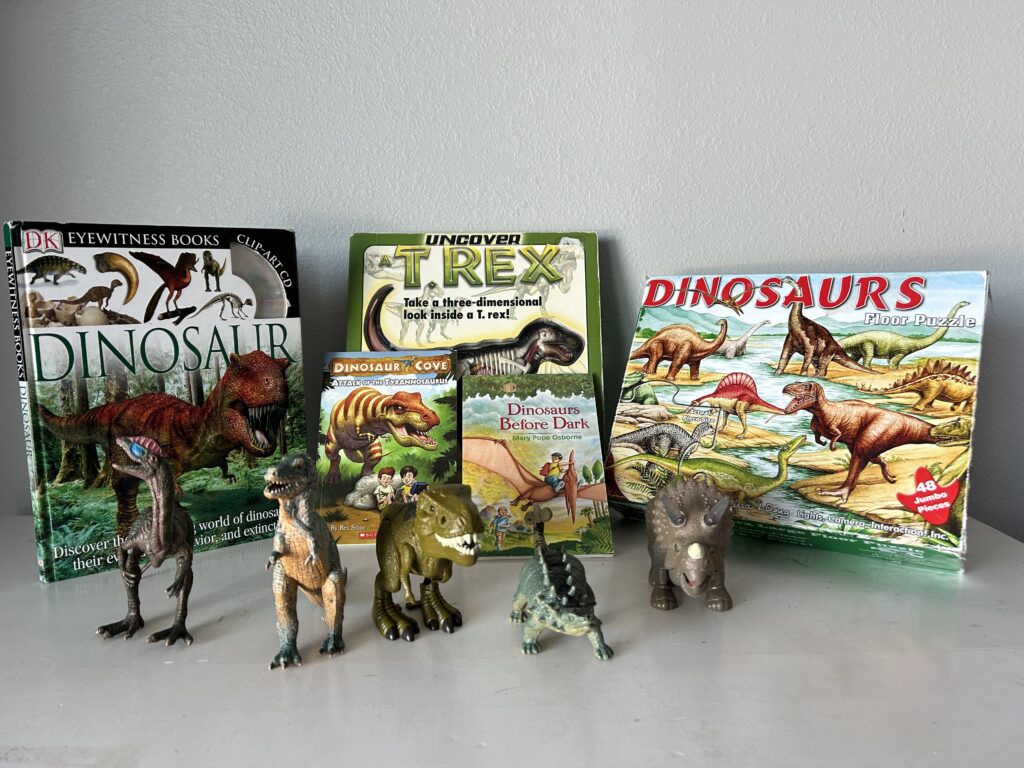 Dinosaur themed books and puzzles with a few toy dinosaurs we used as part of our dinosaur unit study.