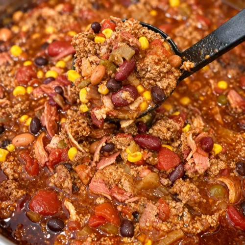 Delicious over the top chili with beans, corn, and smoked meat