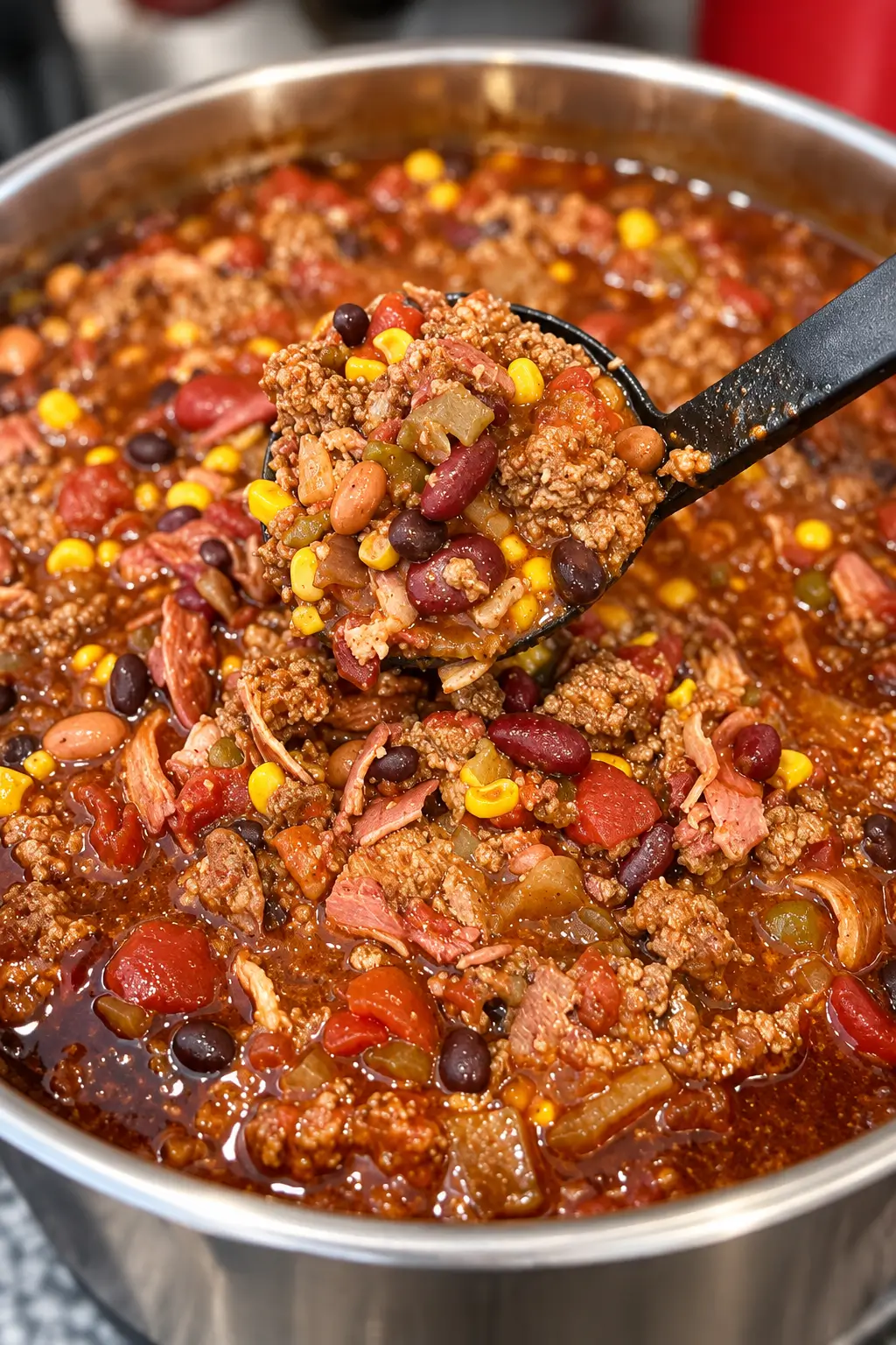 Delicious over the top chili with beans, corn, and smoked meat