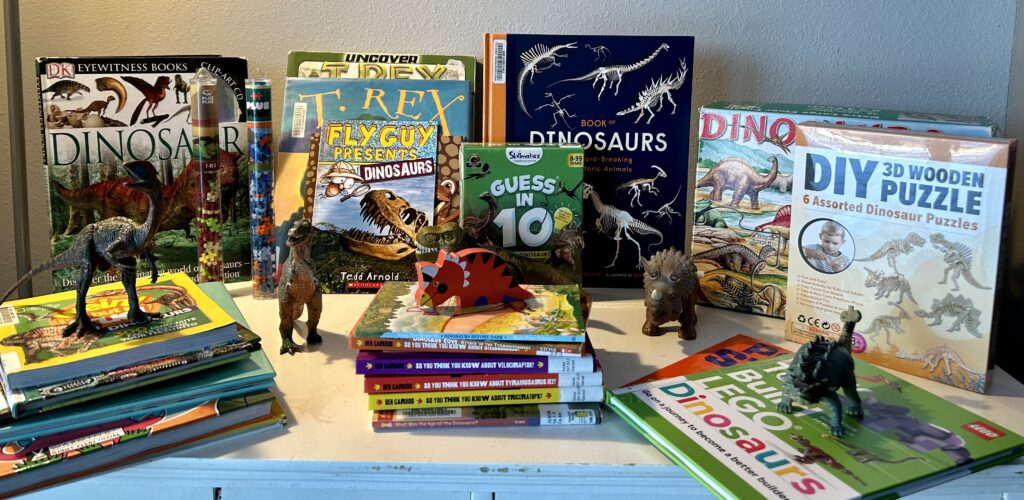 A huge collection of dinosaur books and activities for our dinosaur unit study.