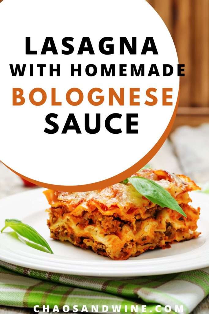 Lasagna with homemade bolognese sauce pin for pinterest.