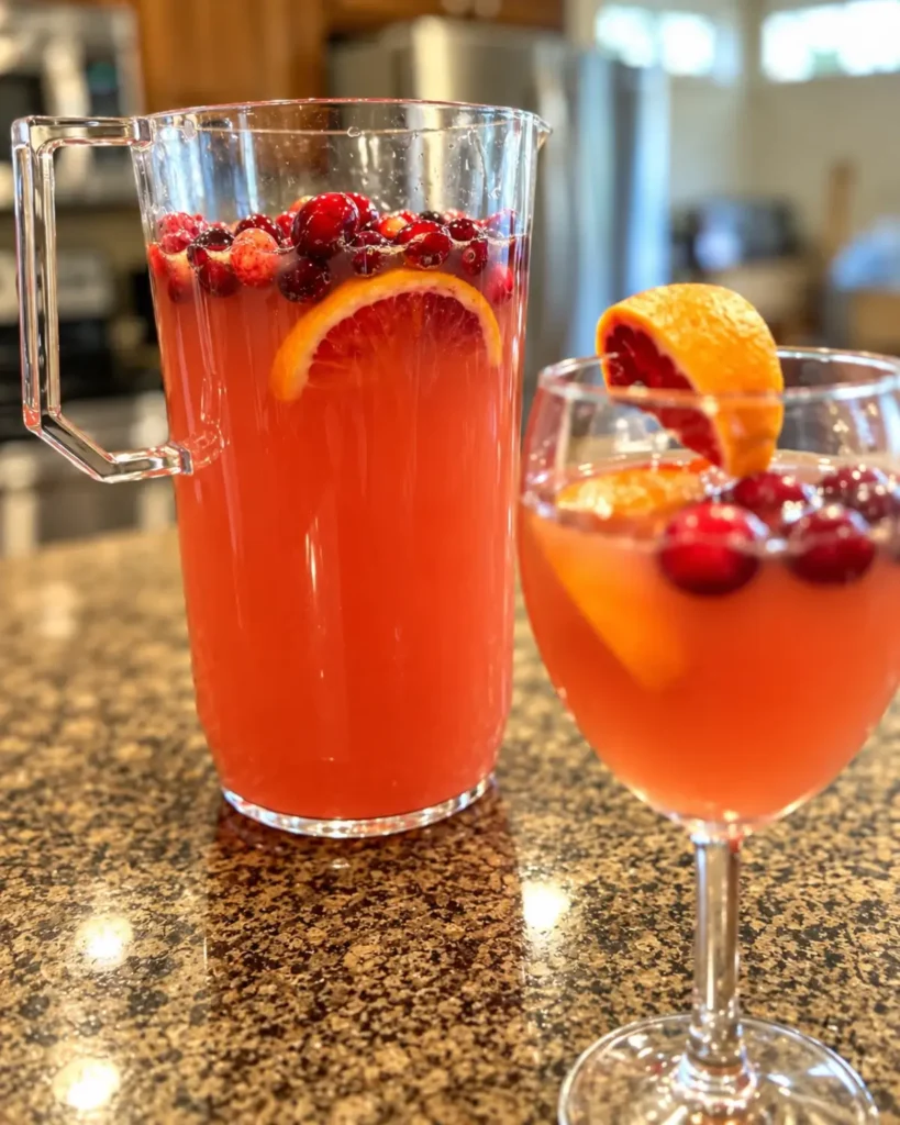 Festive blood orange and cranberry sangria in pitcher and glass