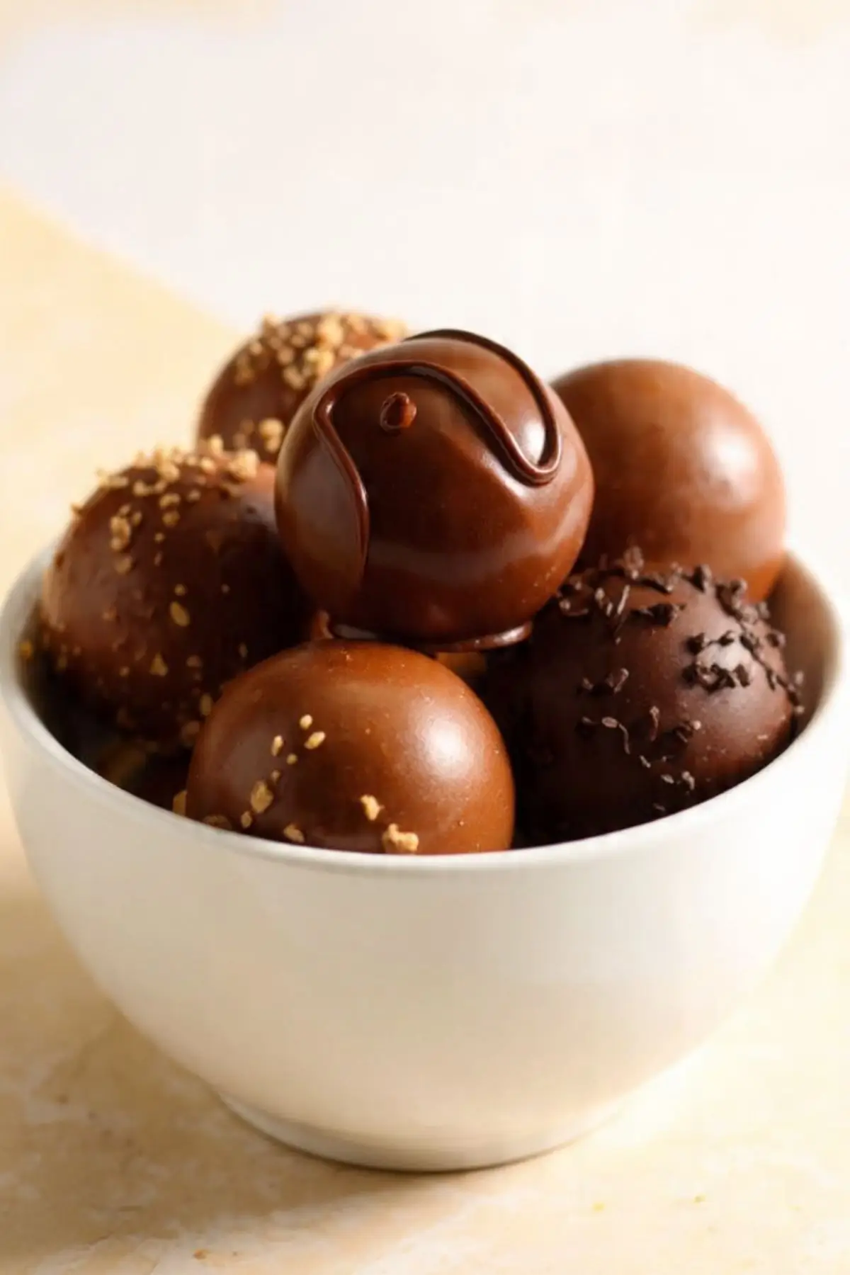 Assorted chocolate truffles in a white bowl, nuts and sprinkles
