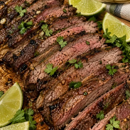 Delicious sliced carne asada with lime, cilantro on wooden board