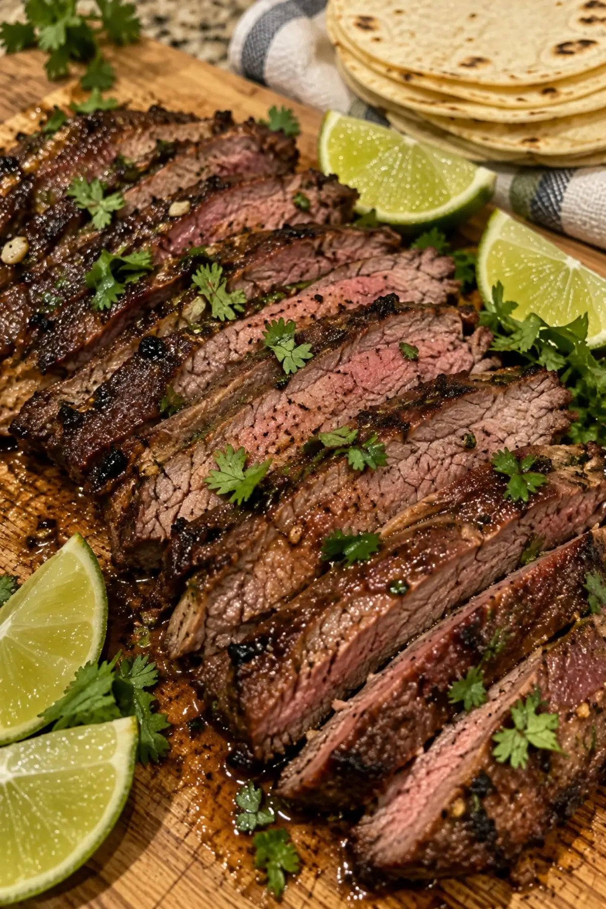 Delicious sliced carne asada with lime, cilantro on wooden board