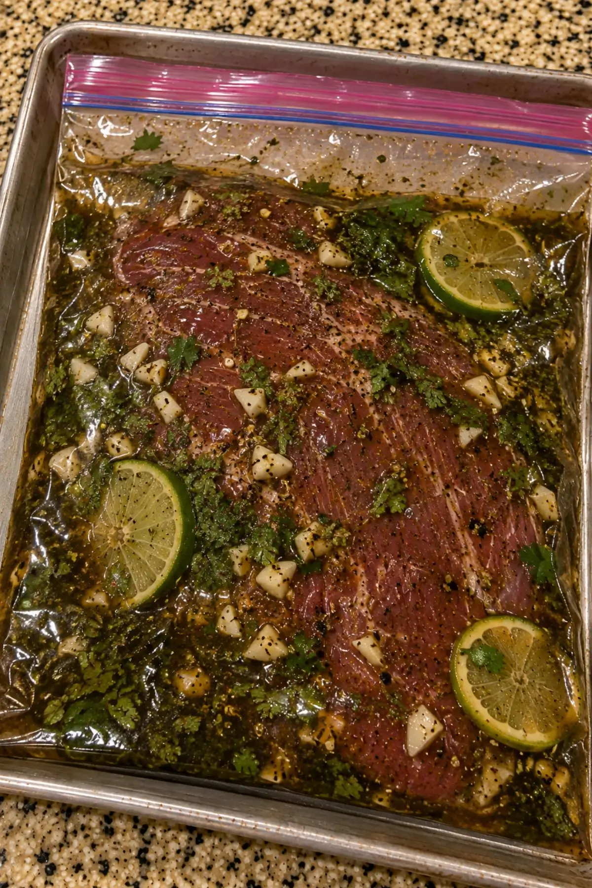 Carne asada marinating with lime and herbs in a ziplock bag
