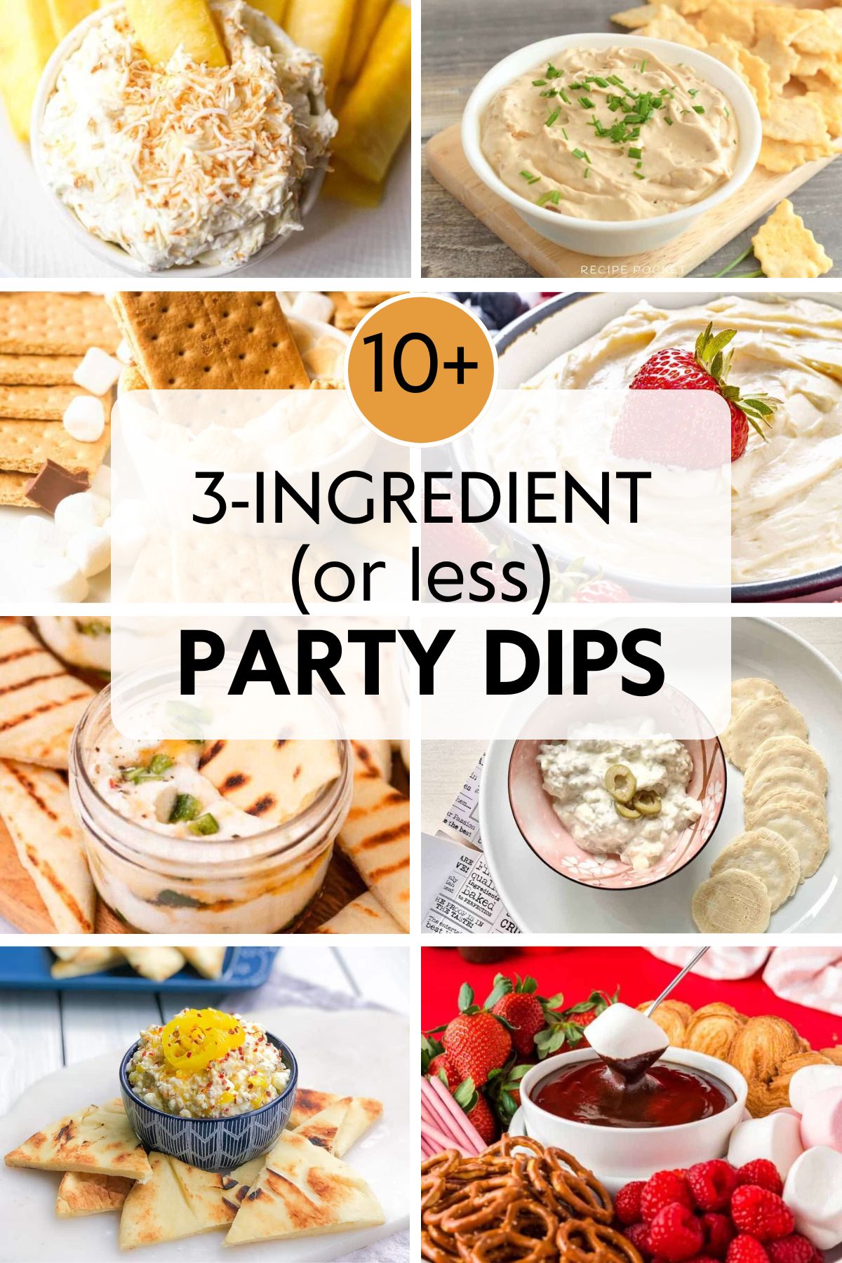 Collage of easy 3-ingredient party dips with crackers, fruit, and pita