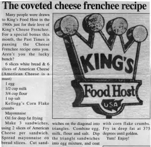 A newspaper clipping with the original recipe for the Nebraska Cheese Frenchee.