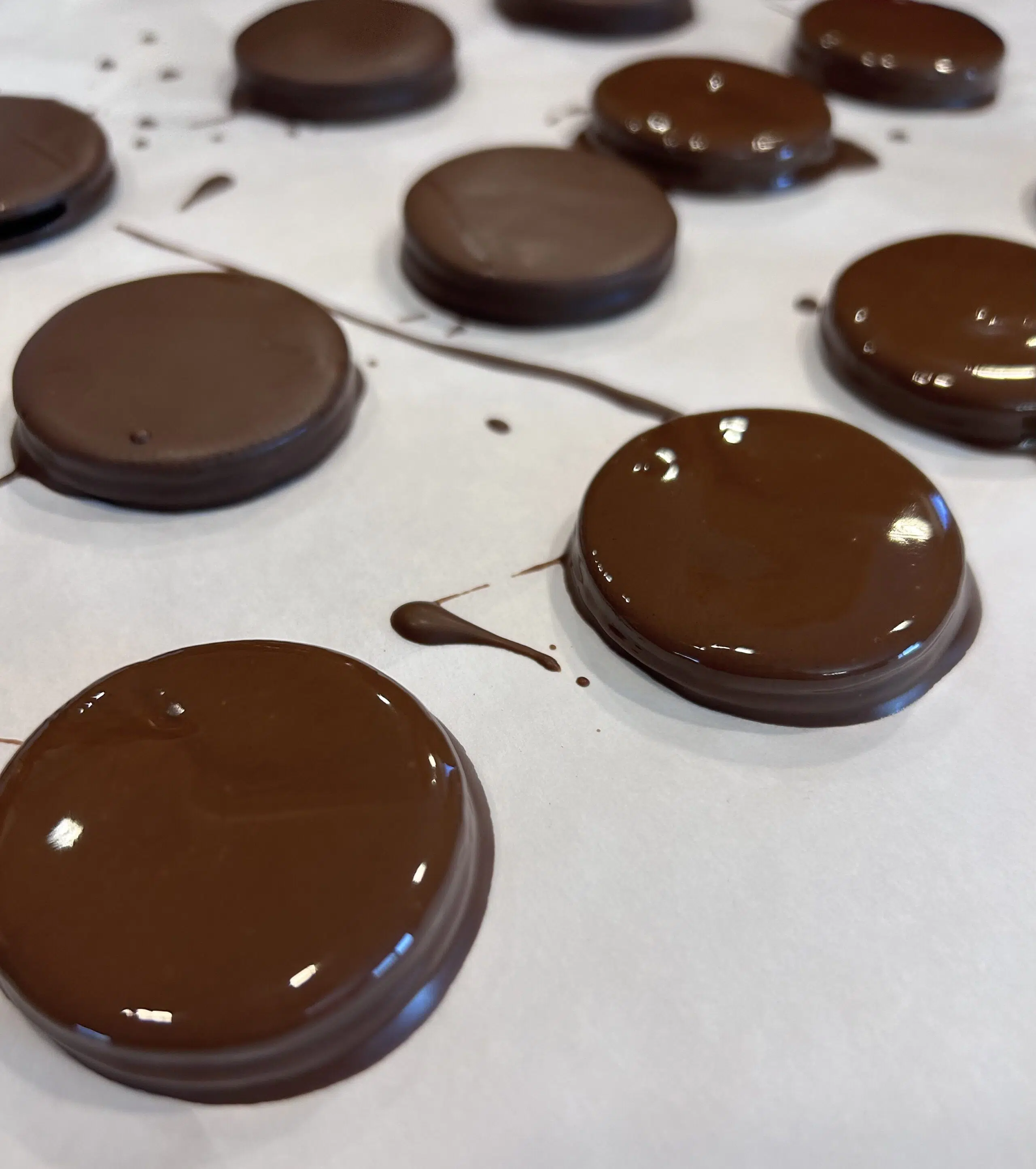 Homemade Thin Mints on cookie sheet
