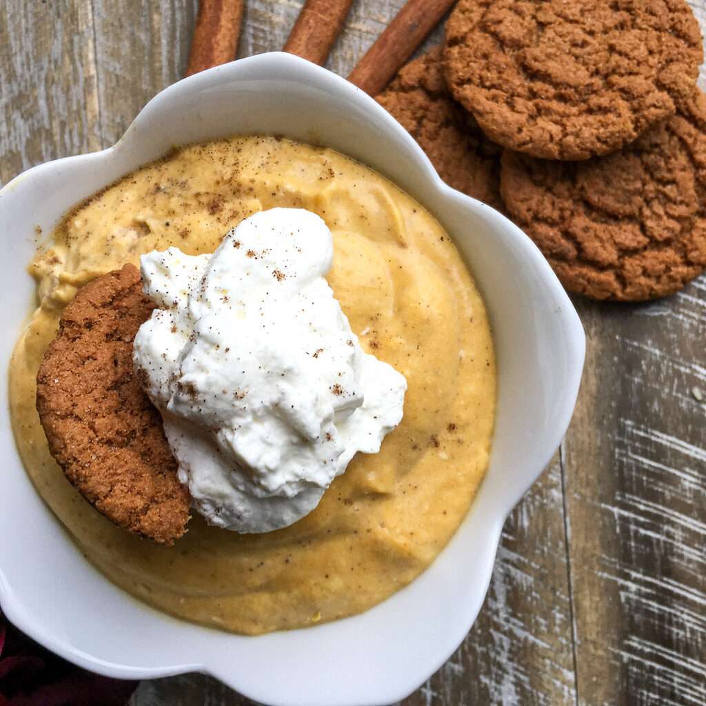 Sugar-free Pumpkin Mousse with ginger snap cookies as a garnish.