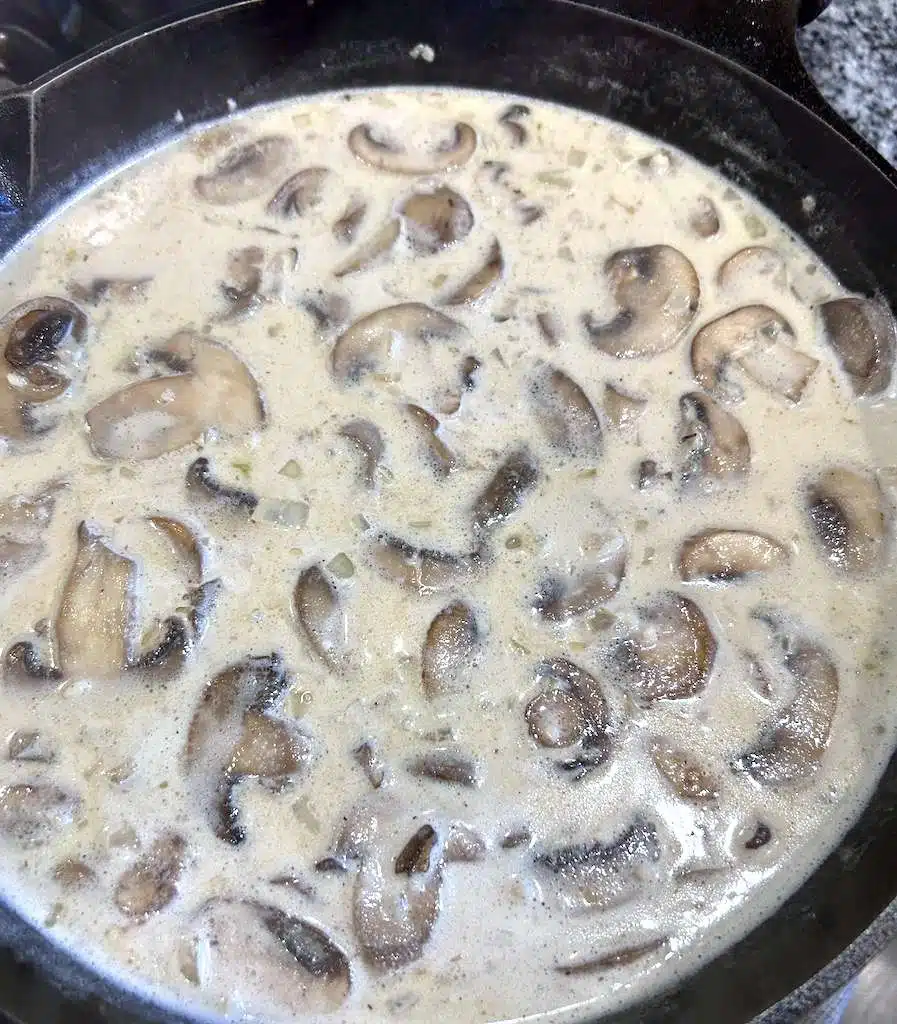 Coffee-Rubbed Tri-Tip with Bourbon Mushroom Cream Sauce Bourbon Mushroom Cream Sauce in a skillet on the stove simmering lightly.