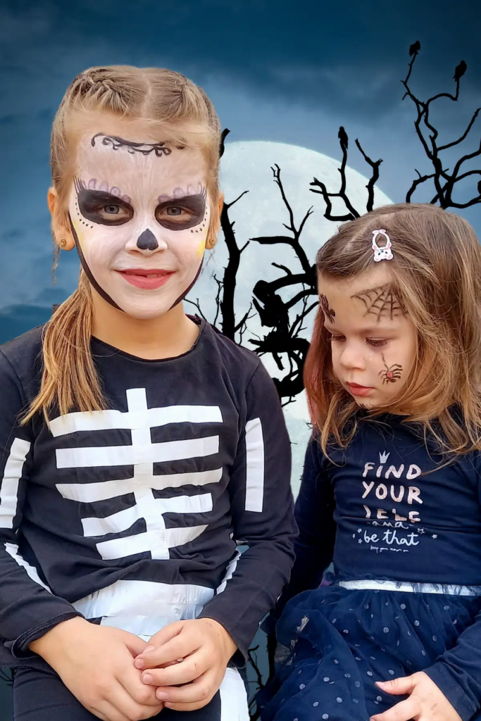 Skeleton Unit Study - Our Favorite Resources Two girls in Halloween skeleton and spider face paint, full moon backdrop