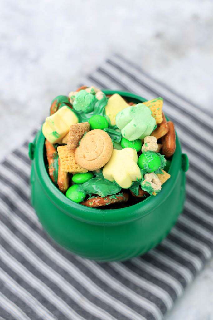 Leprechaun Bait on a napkin in a green cauldron.