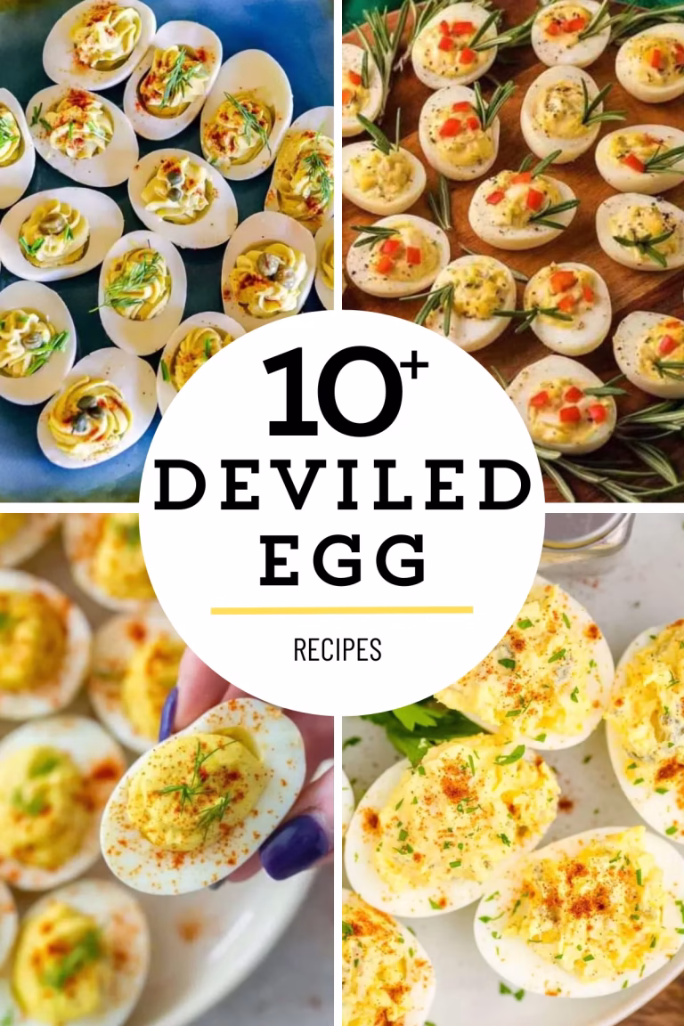 10+ deviled egg recipes featured image with four close-up photos of creamy deviled eggs arranged in a clean collage with a centered recipe title label.