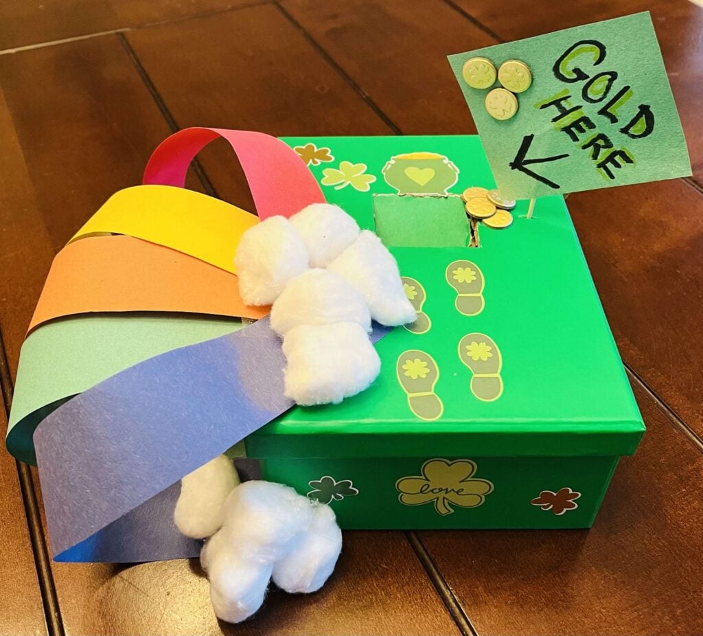 DIY leprechaun trap with rainbow and shamrocks for St. Patrick's Day