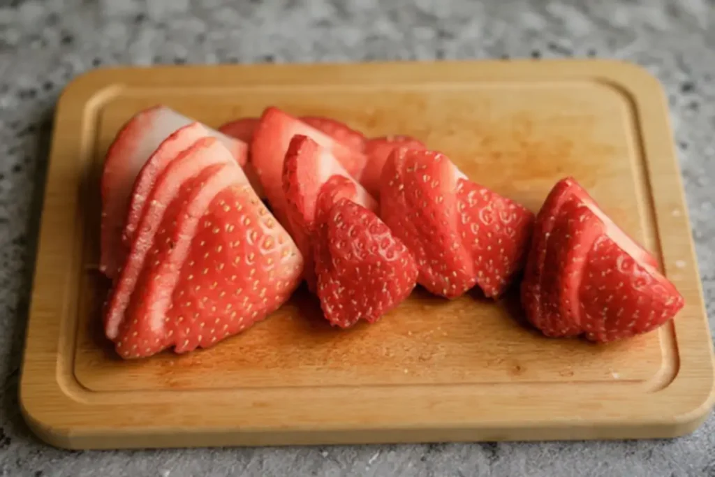 Sliced fresh strawberries on a wooden cutting board, ready for dessert or smoothies