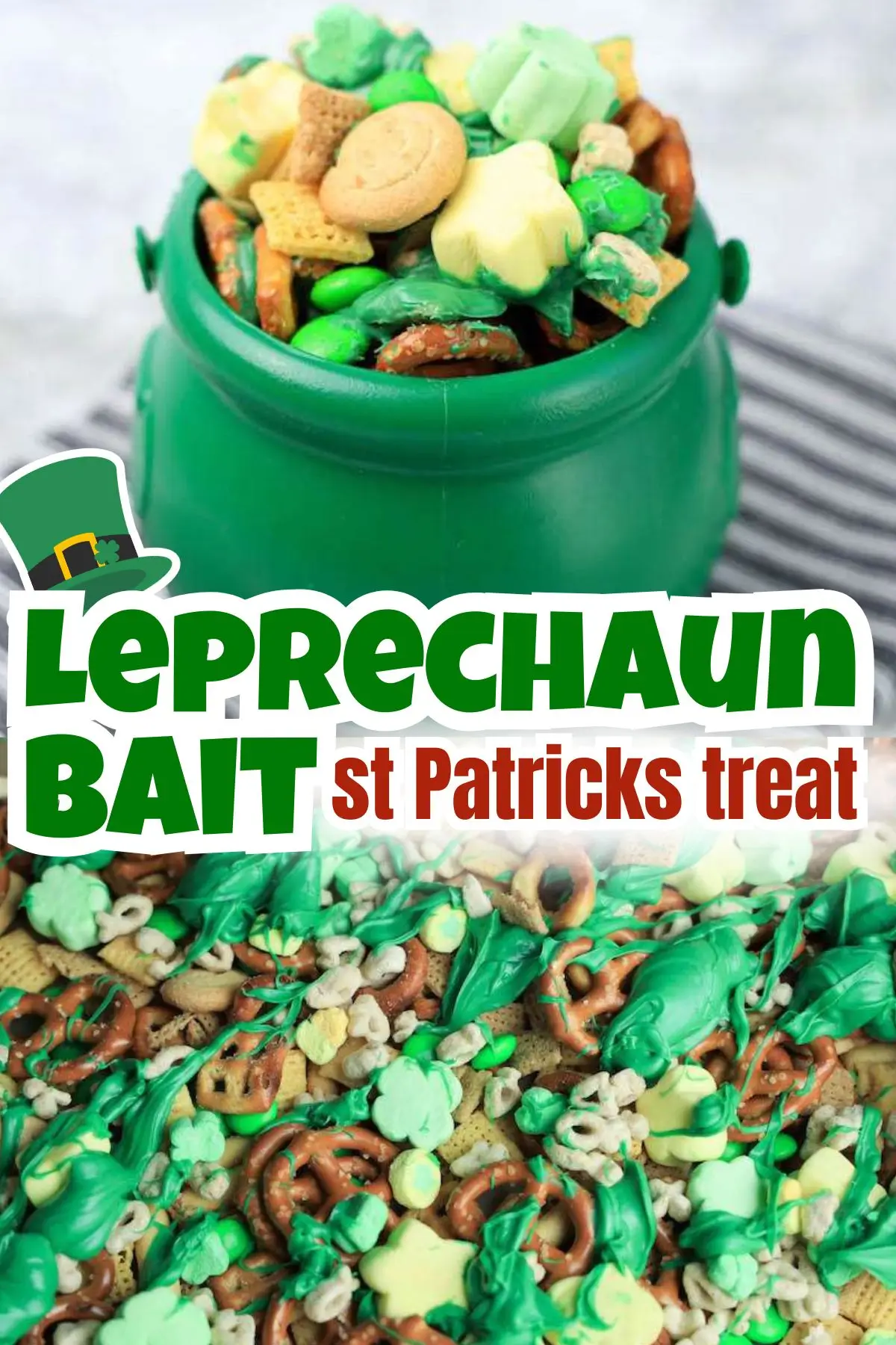 St. Patrick's Day leprechaun bait snack mix in green cauldron with pretzels, cereal, and candy melts