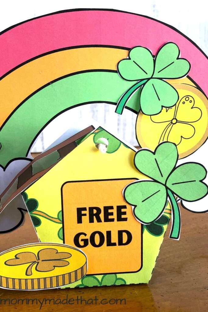 St. Patrick's Day leprechaun trap craft with rainbow, shamrocks and gold
