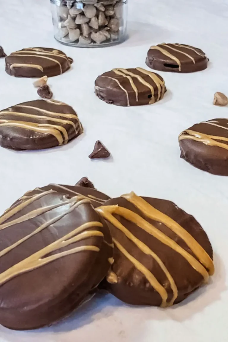 Chocolate-covered peanut butter sandwich cookies with drizzle