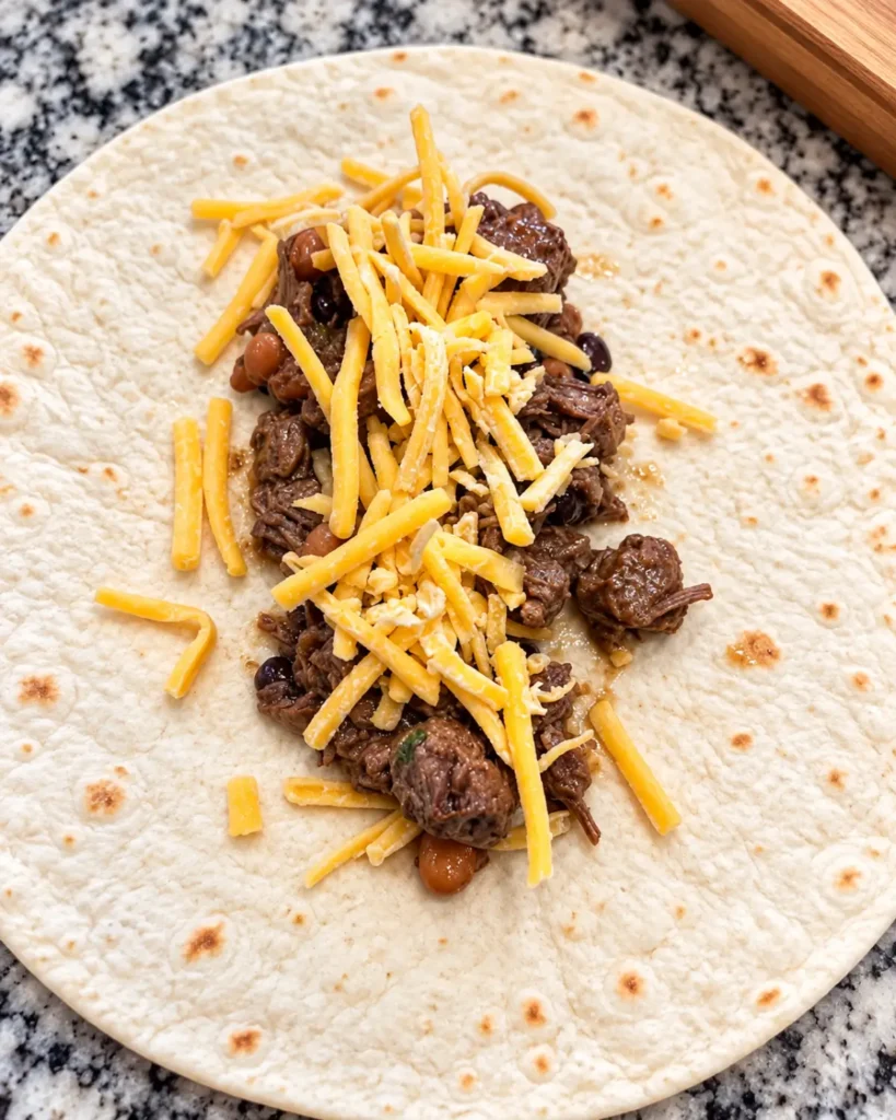 Preparing shredded beef chimichanga filling on tortilla