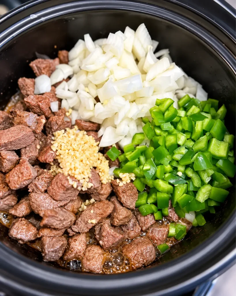 Chopped beef, onion, garlic, and peppers for chimichanga recipe