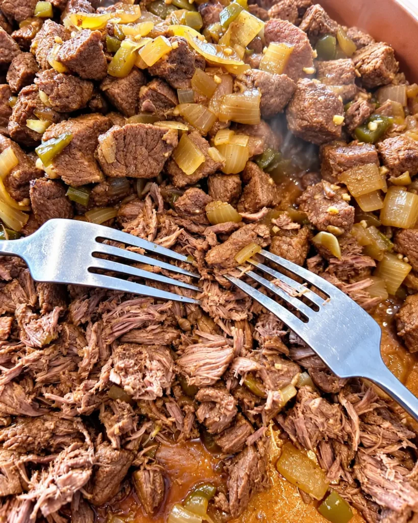 Juicy shredded beef prepared for chimichangas with peppers and onions