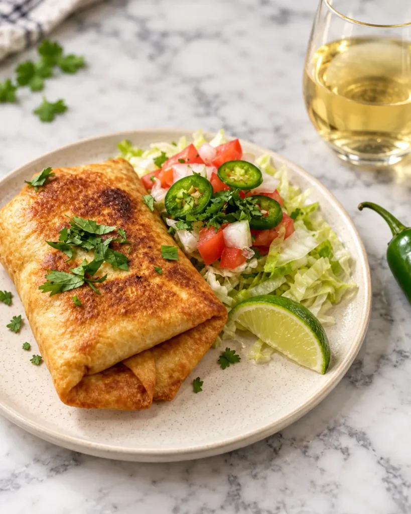 Homemade shredded beef chimichanga with fresh salad and lime wedge