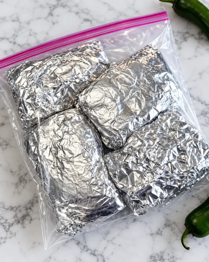 Foil-wrapped shredded beef chimichangas for freezer prep