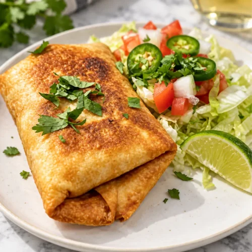Delicious homemade shredded beef chimichanga with fresh toppings