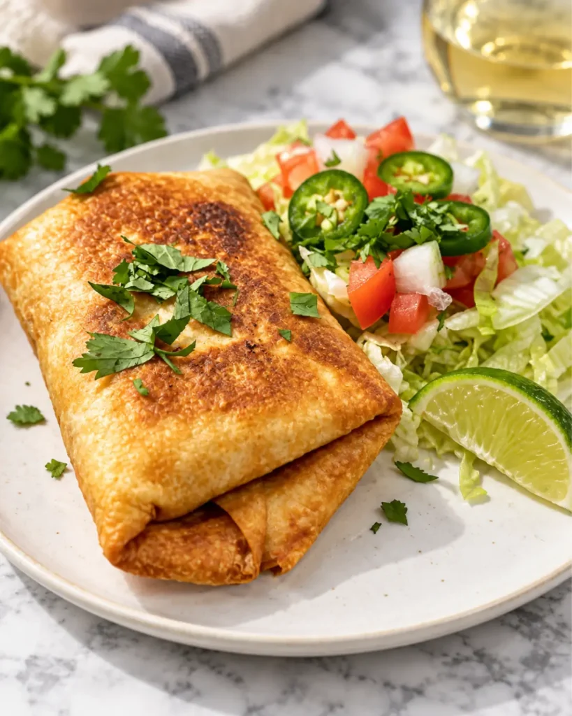 Delicious homemade shredded beef chimichanga with fresh toppings