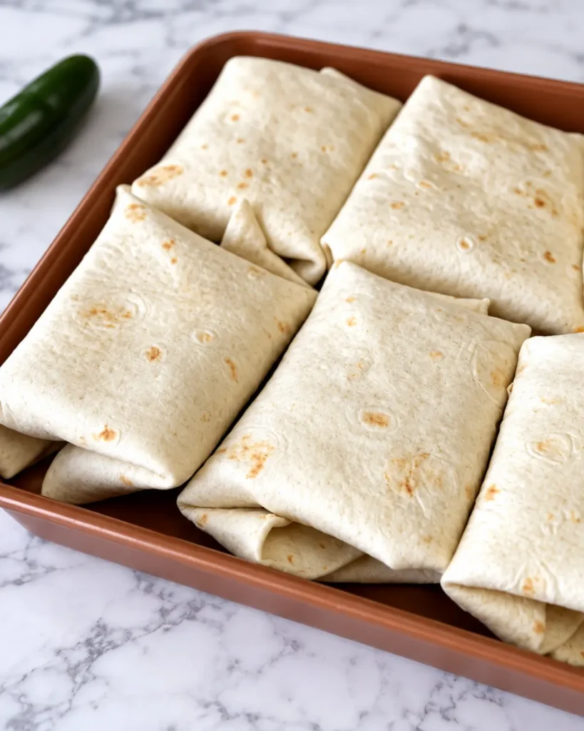 Uncooked shredded beef chimichangas ready to fry on a tray
