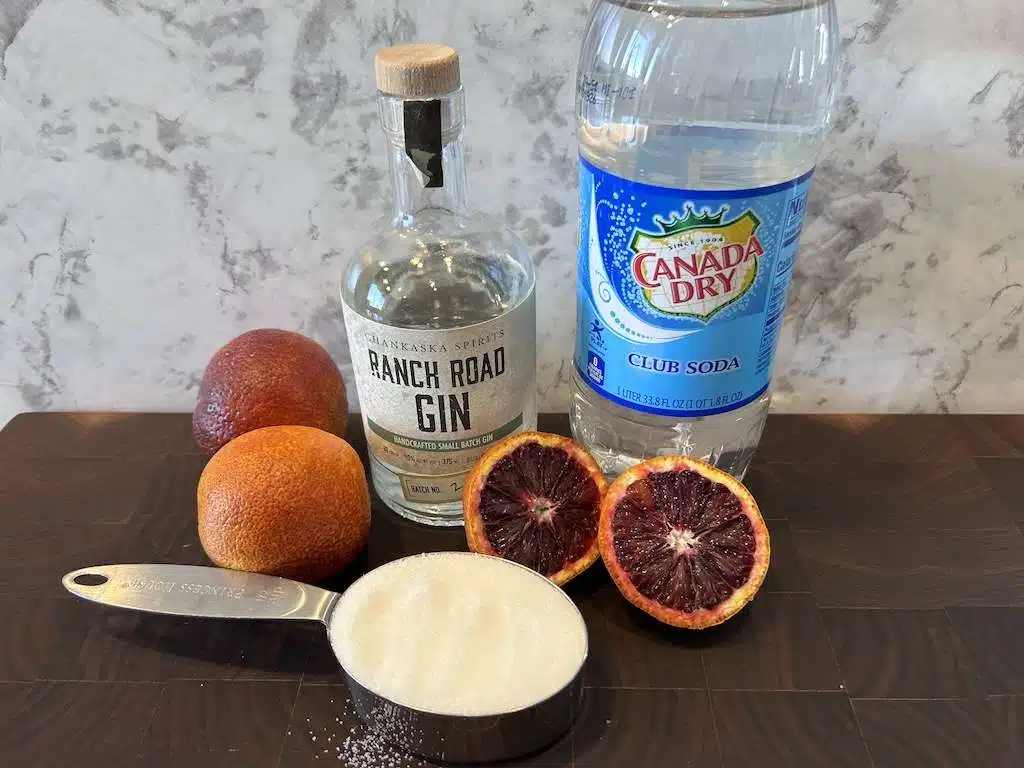 Blood Orange Gin fizz ingredients including blood oranges, sugar, gin and club soda.