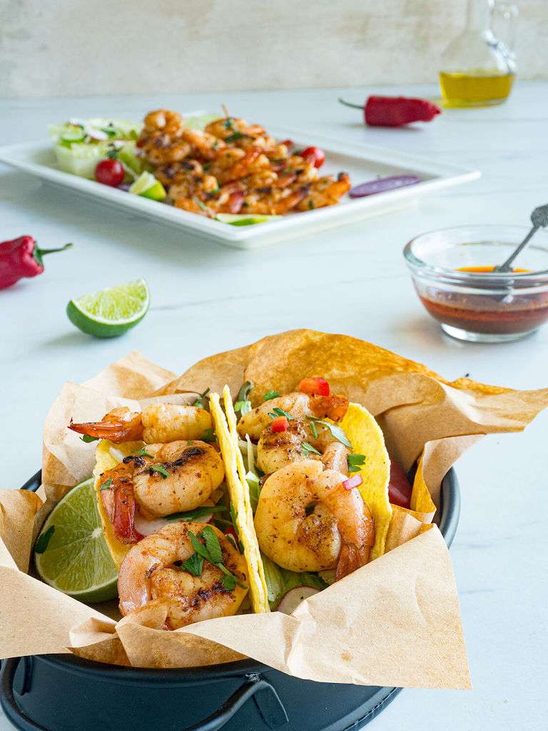 Chipotle Lime Shrimp Tacos in a basket.