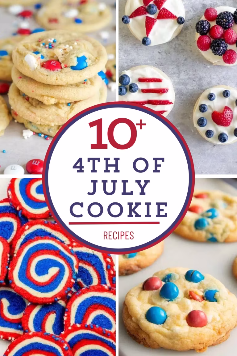 Red white and blue cookies collage with decorated Oreos, frosted sugar cookies, berry-topped cookies, M&M cookies, and patriotic pinwheel cookies for summer parties.