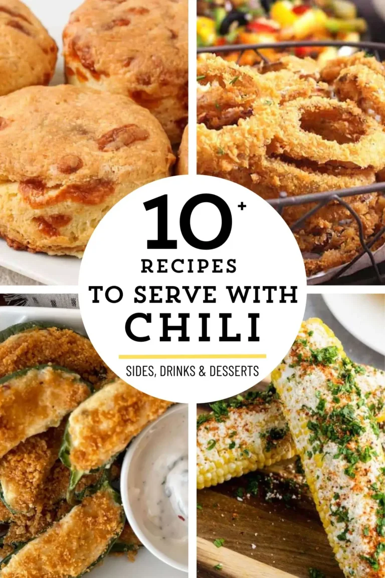 Collage of side dishes for chili: biscuits, crispy onion rings, jalapeno poppers, and Mexican street corn.