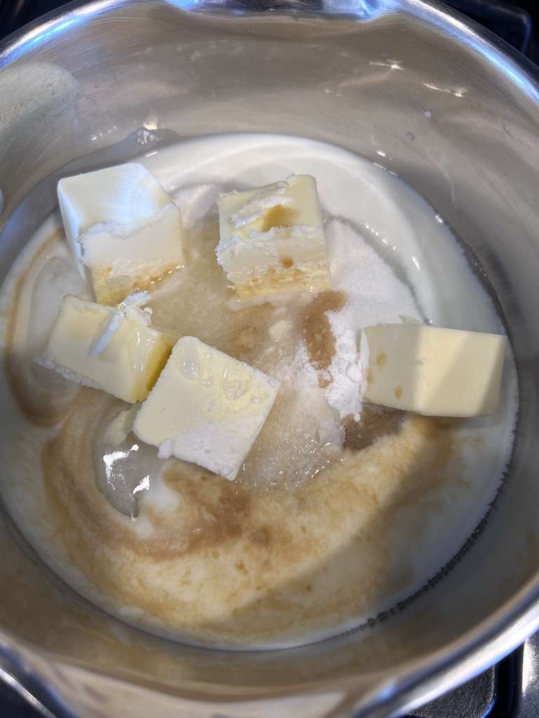 Buttermilk Glaze ingredients in a sauce pan on the stove.