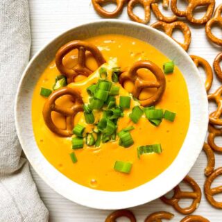 Hot Beer Cheese Dip with green onions and pretzels