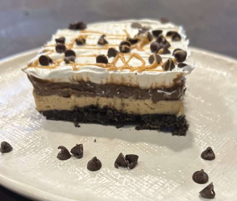 Slice of Chocolate Peanut Butter Lasagna on a white plate.