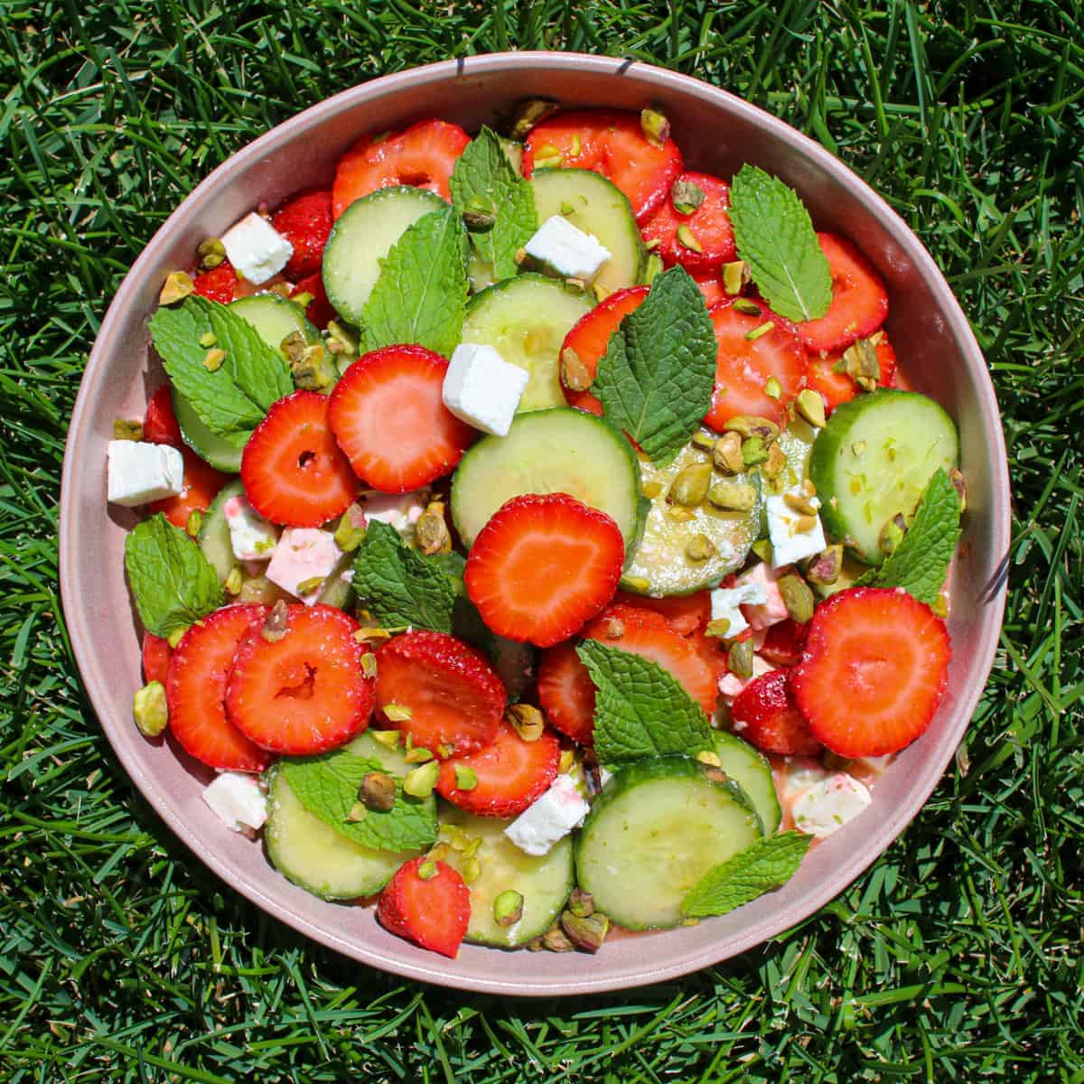 Strawberry cucumber salad in a pink bowl on the grass.