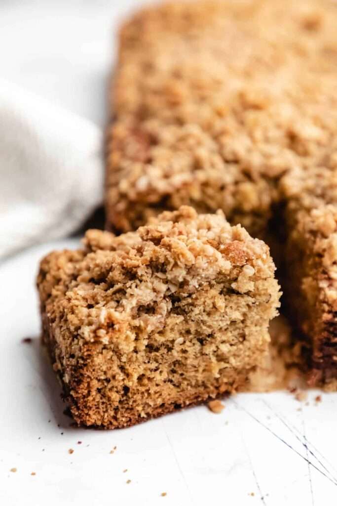 23 Fun Facts About Bananas Close-up of cinnamon streusel coffee cake slice, crumb topping