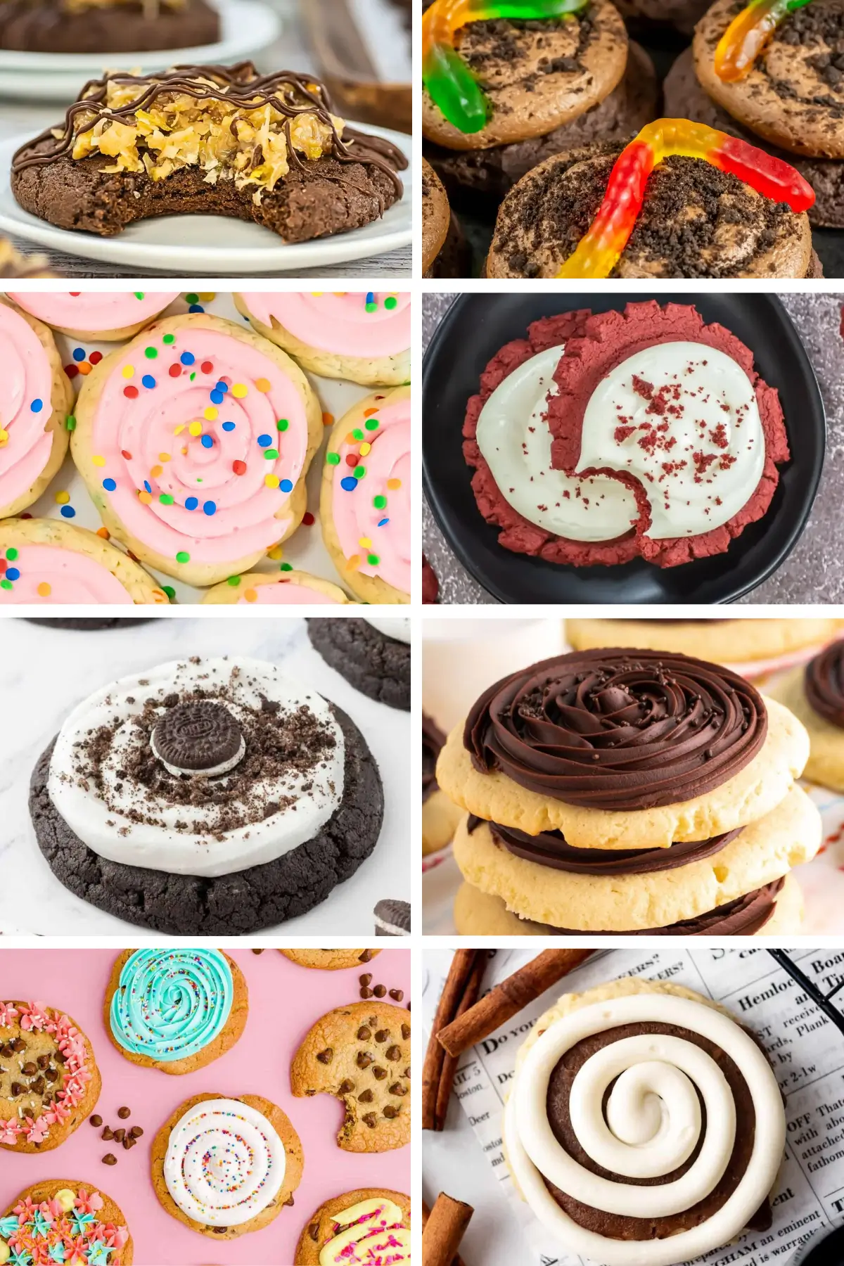 20+ Incredible Copycat Crumbl Cookie Recipes Collage of gourmet frosted cookies with sprinkles, Oreo, and cinnamon swirl