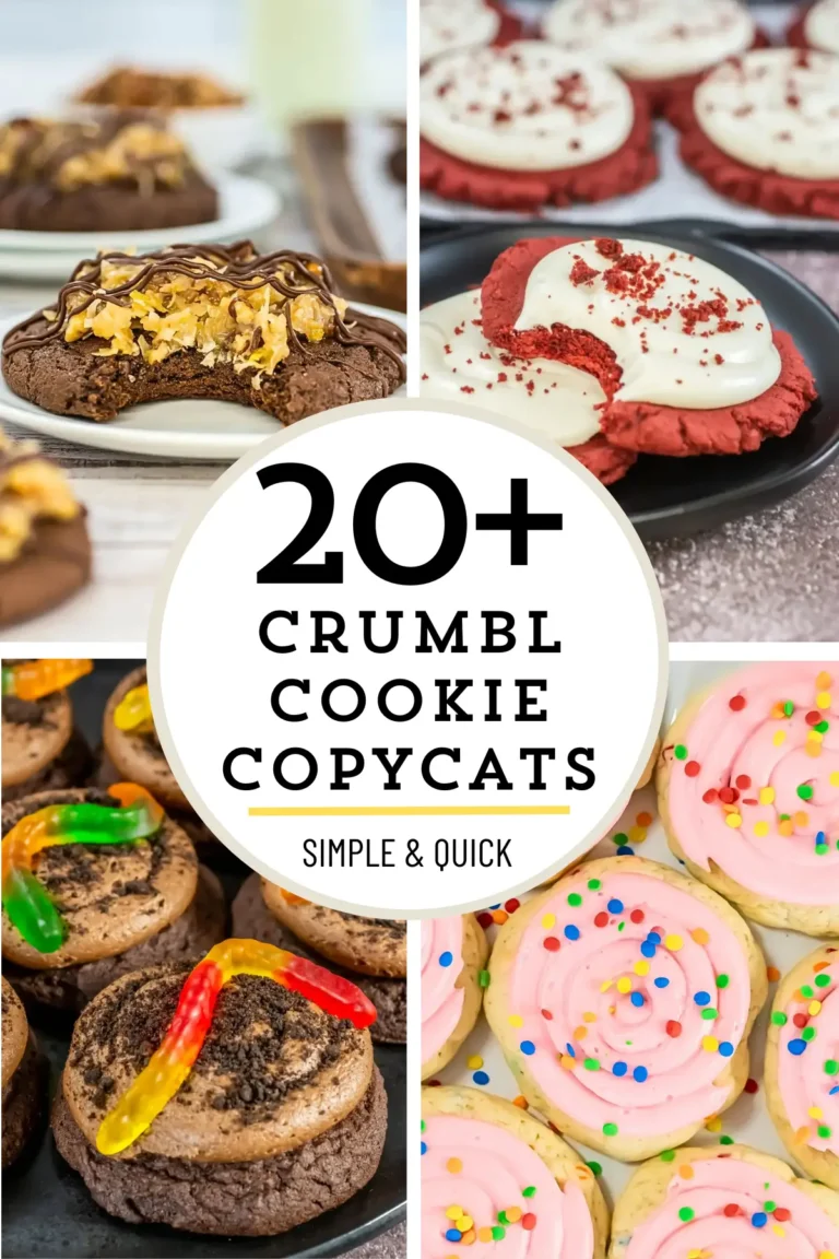Collage of Crumbl cookie copycat recipes: red velvet, pink sugar, dirt cake, and Samoa-style.
