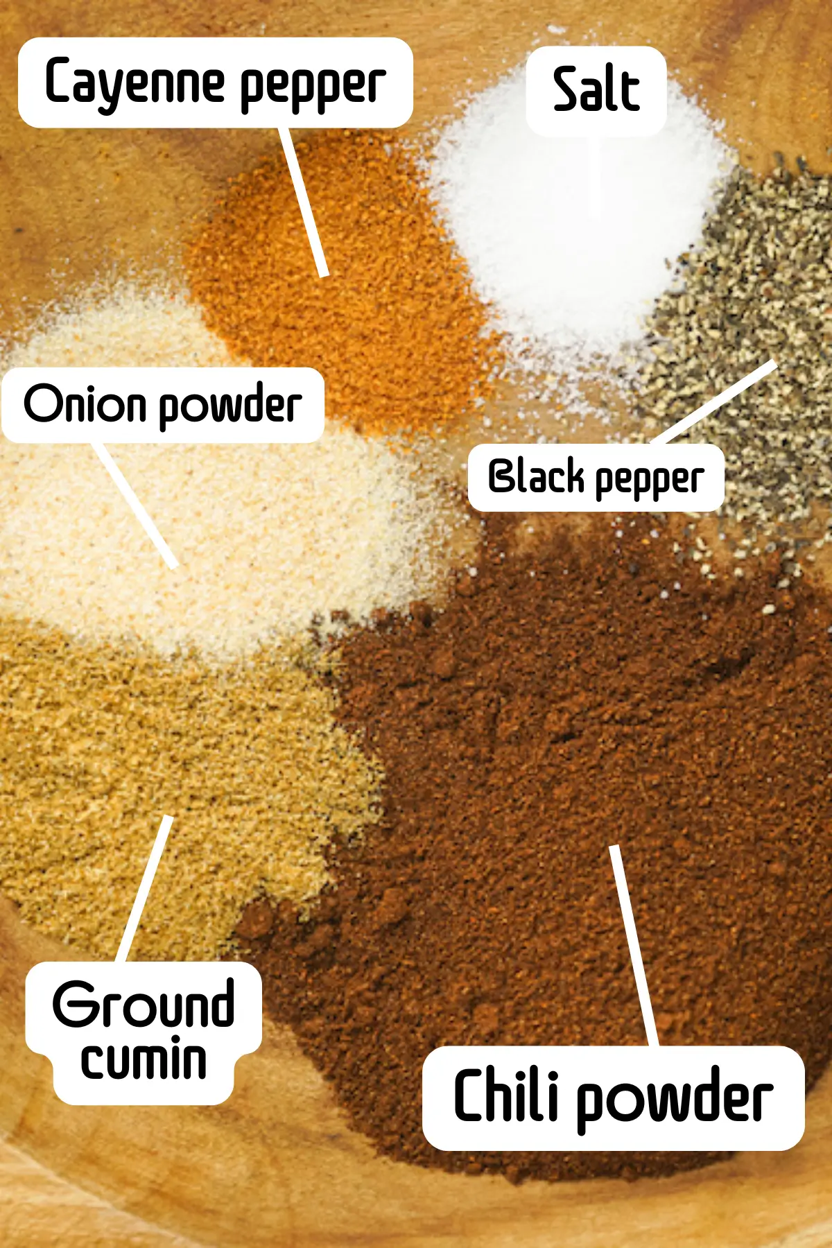 Assorted spices labeled for homemade taco seasoning: chili powder, ground cumin, onion powder, cayenne, salt, black pepper