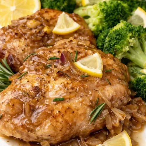 Skillet lemon rosemary chicken with onion pan sauce, served with steamed broccoli and lemon wedges