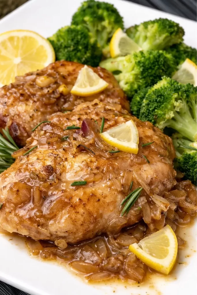 Skillet lemon rosemary chicken with onion pan sauce, served with steamed broccoli and lemon wedges
