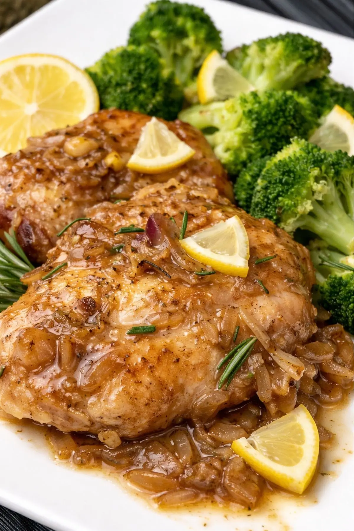 Skillet lemon rosemary chicken with onion pan sauce, served with steamed broccoli and lemon wedges