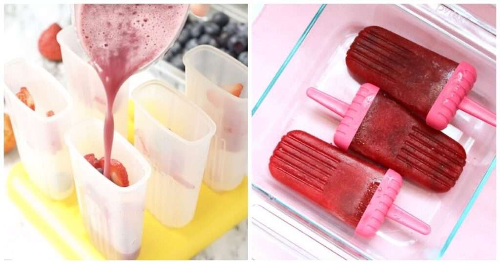 7 Delicious Wine Popsicle Recipes to Try This Summer Pouring berry blend into popsicle molds; finished strawberry ice pops with pink handles