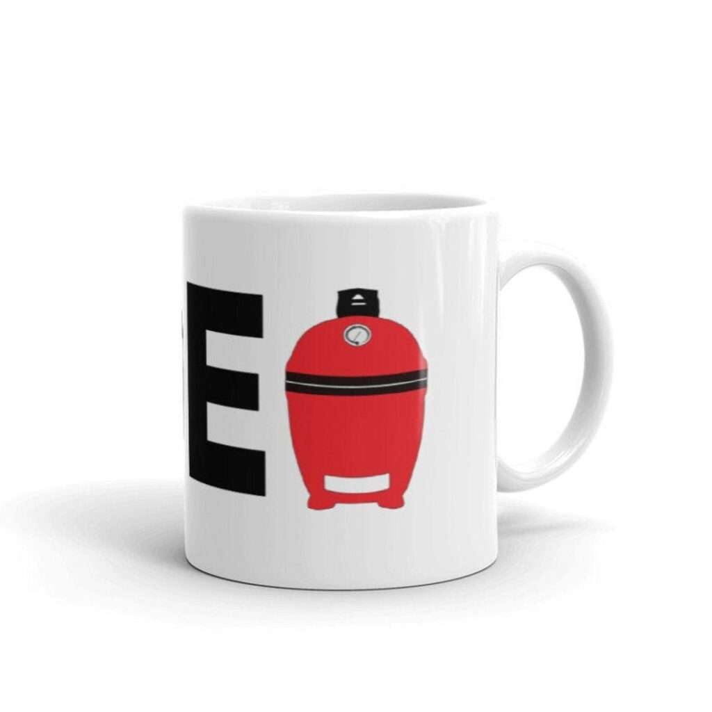14 Unique Kamado Joe Gifts for Your Grill Master White coffee mug with red kamado grill illustration and bold E