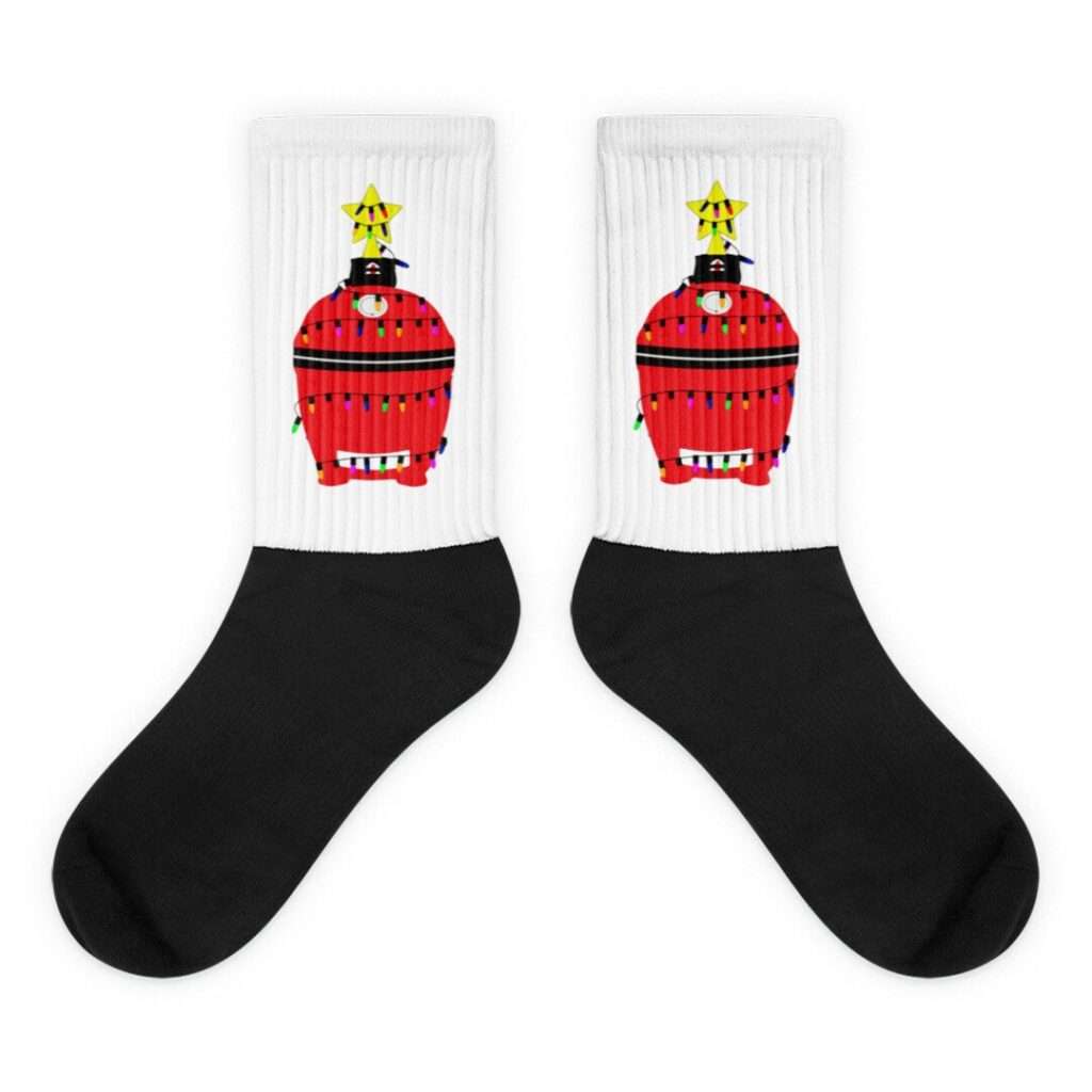 14 Unique Kamado Joe Gifts for Your Grill Master White crew socks with black soles and red Christmas dumpster design