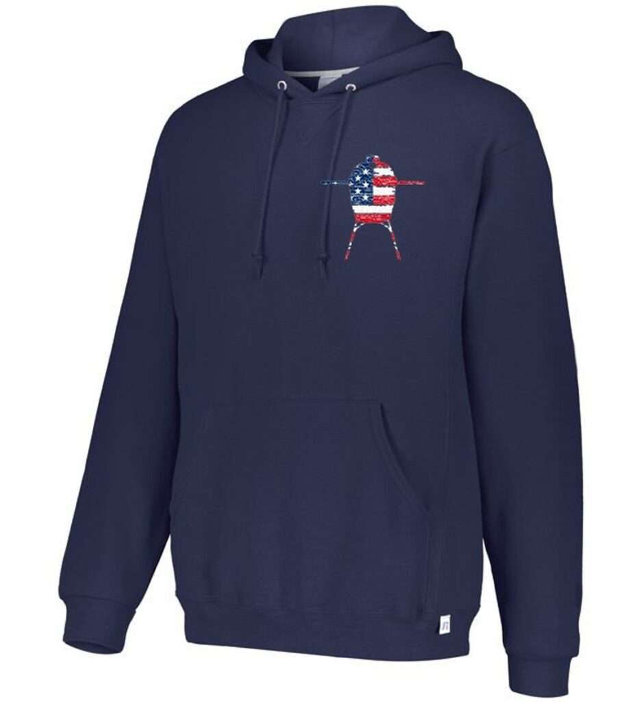 14 Unique Kamado Joe Gifts for Your Grill Master Navy pullover hoodie with small patriotic American flag chest graphic